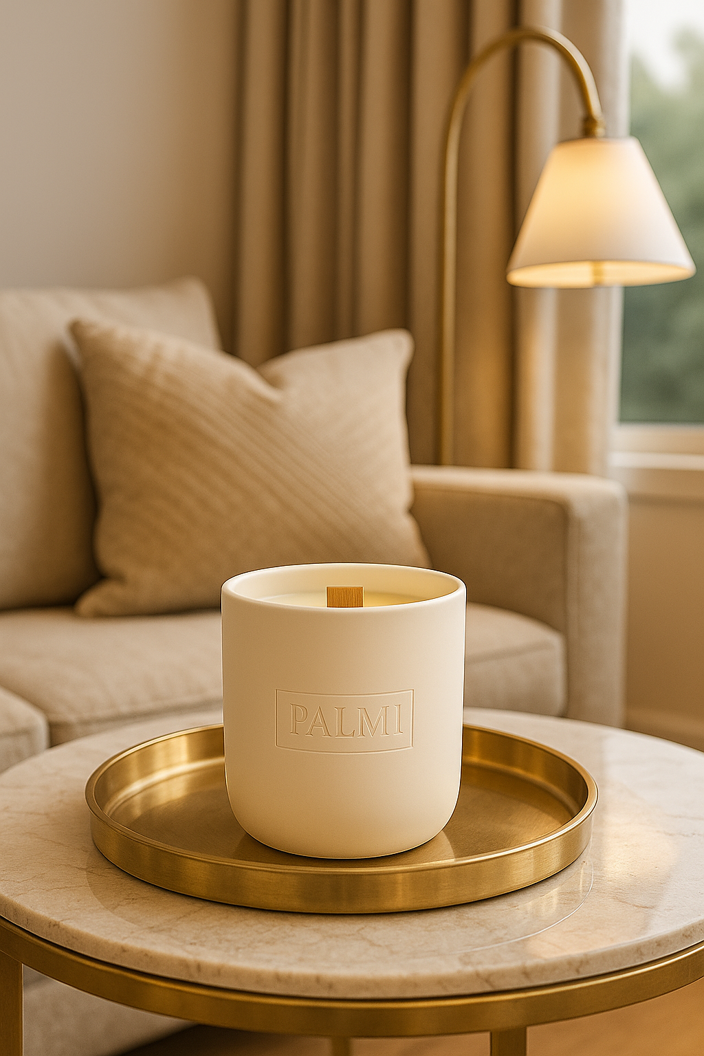 PALMI Amber Noir – Beige Keramik-Duftkerze mit Holzdocht